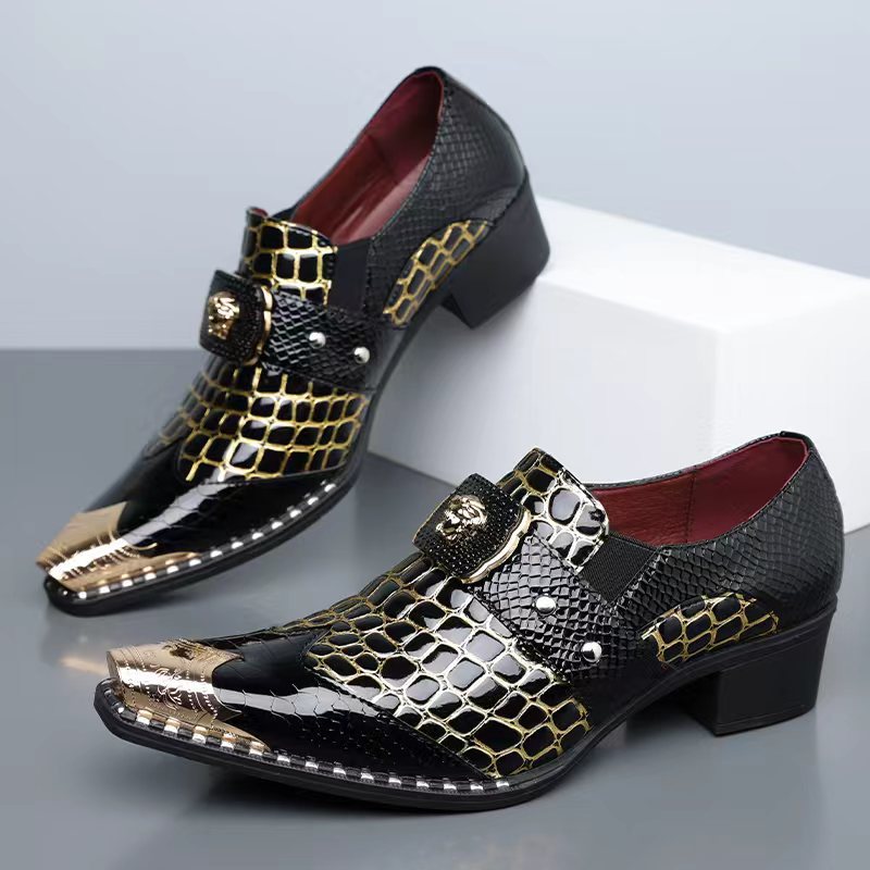 Men's Chunky Heel Pointed Toe Slip-on PU Leather Loafers teemdrop