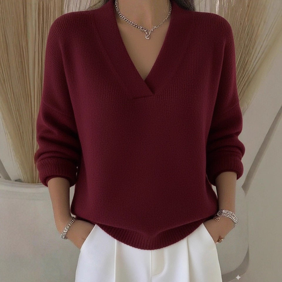 Women V-Neck Long Sleeve Loose Solid Color Knitted Pullover Sweater teemdrop