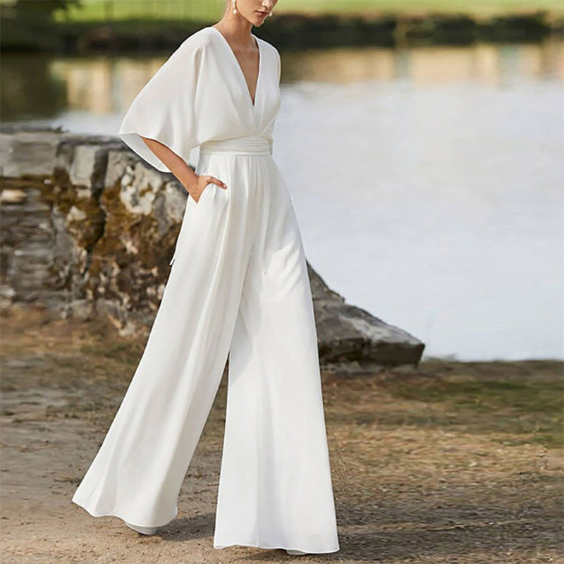 2026 Winter New European and American Foreign Trade Women's Fashion Jumpsuit Amazon Hot-Selling Deep V High-Waisted Wide-Leg Pants