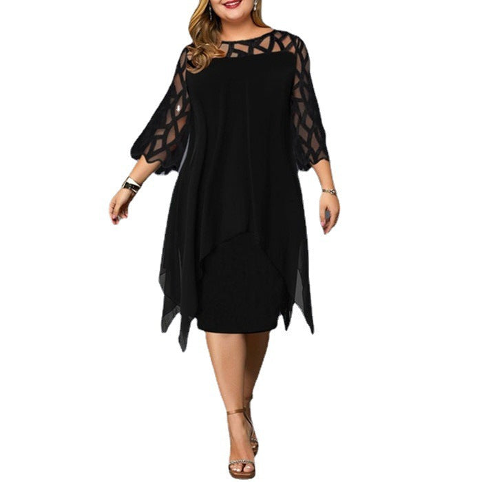 Women's Elegant Lace Patchwork Chiffon Dress with 3/4 Sleeves and Irregular Hem teemdrop