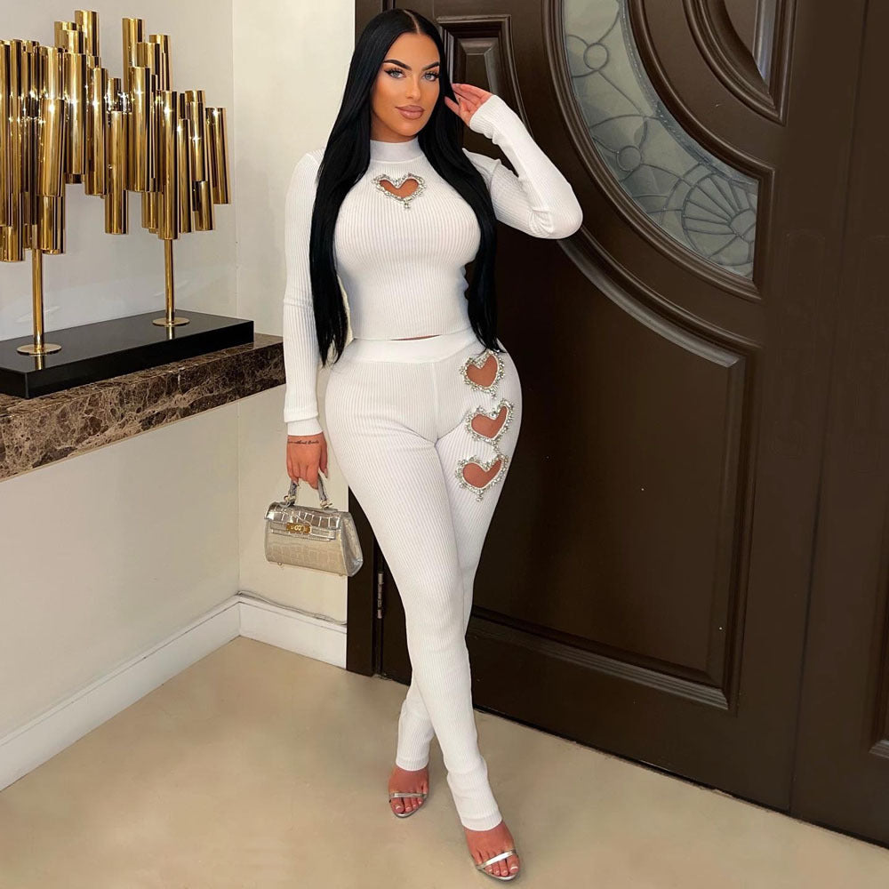 Women's Heart-Shaped Detail Solid Color Two-Piece Pants Suit teemdrop