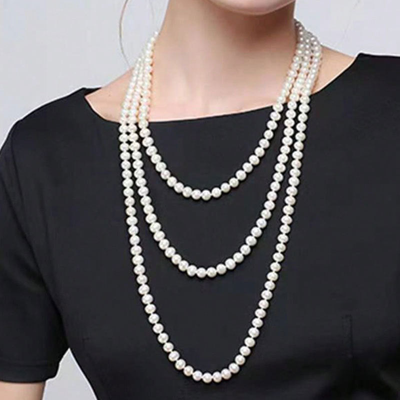 Women's Multi-Layer Imitation Pearl Long Necklace with Pearlescent Finish teemdrop