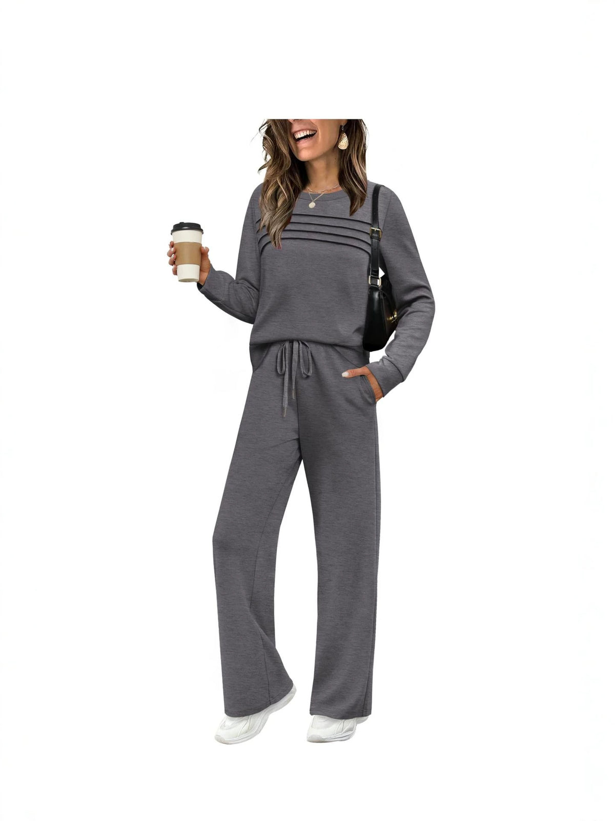 Women's Solid Color Two-Piece Set Pleated Sweatshirt and Wide-Leg Trousers Casual Knit Suit teemdrop