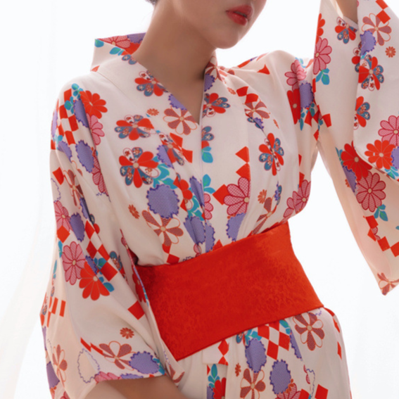 Womens Traditional Retro Japanese Camellia Print Kimono Dress with Girdle and Fan Headdress Set teemdrop