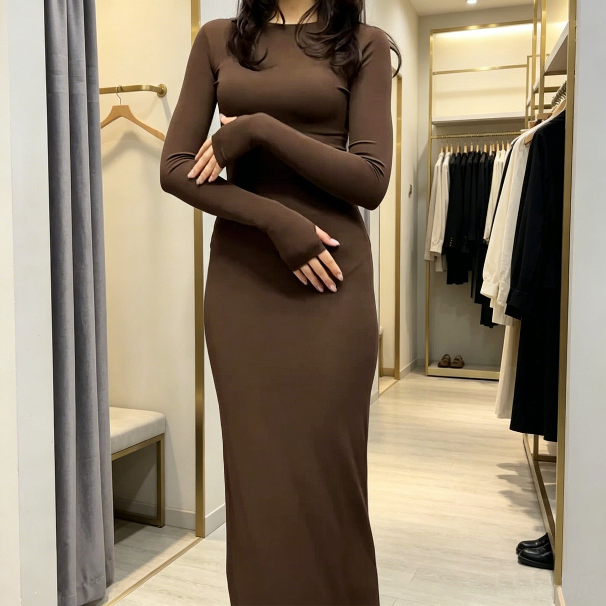 Women's Solid Bodycon Long Sleeve Long Dress teemdrop