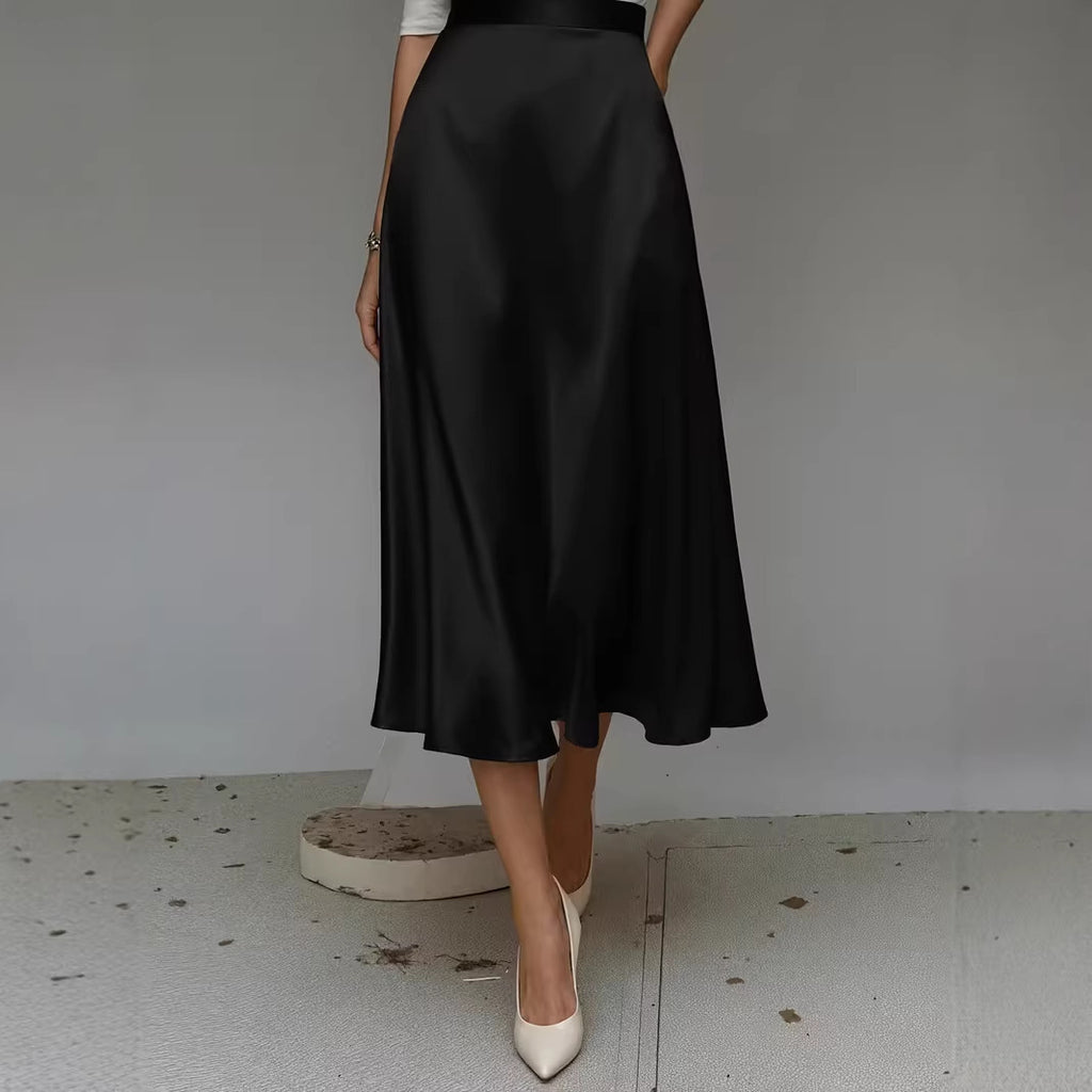 Women's Satin A-Line Midi Skirt Solid Color Elegant Workwear teemdrop