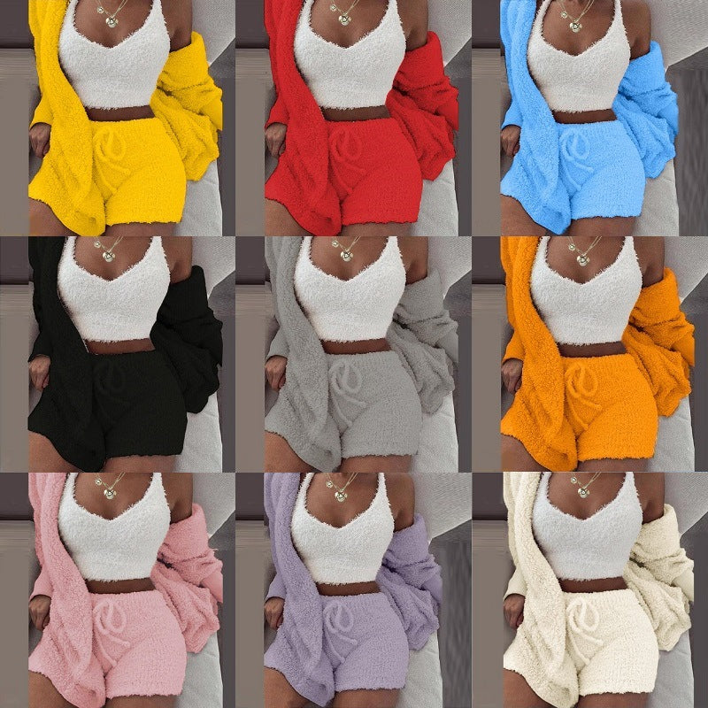 Women's Plush Three-Piece Long Sleeve Vest Shorts Track Set teemdrop