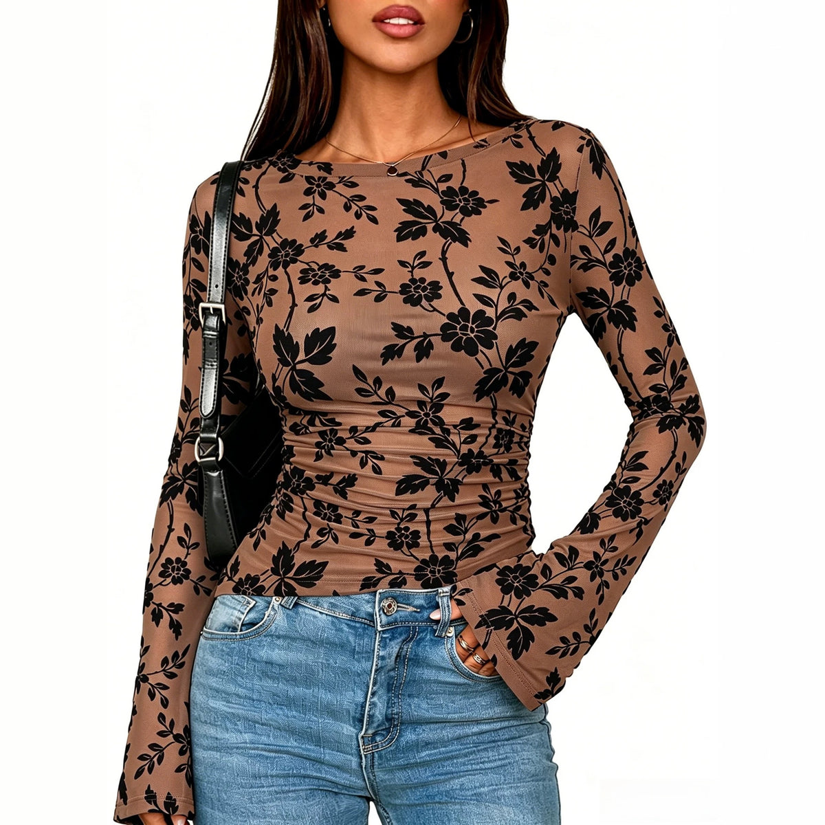 Women's Floral Flocked Mesh Slim Fit Long Sleeve T-Shirt teemdrop