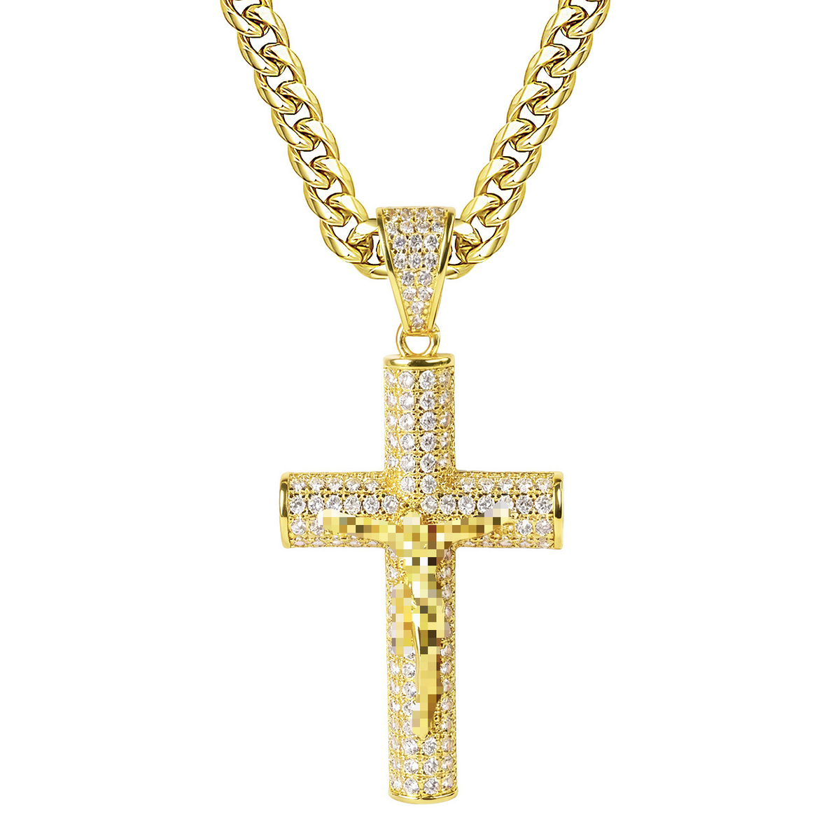 Men's Titanium Steel Cross Pendant Cuban Chain Necklace with Full Diamond Pav� Gold Plated