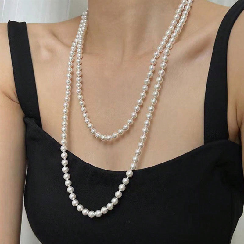 Women's Multi-Layer Imitation Pearl Long Necklace with Pearlescent Finish teemdrop