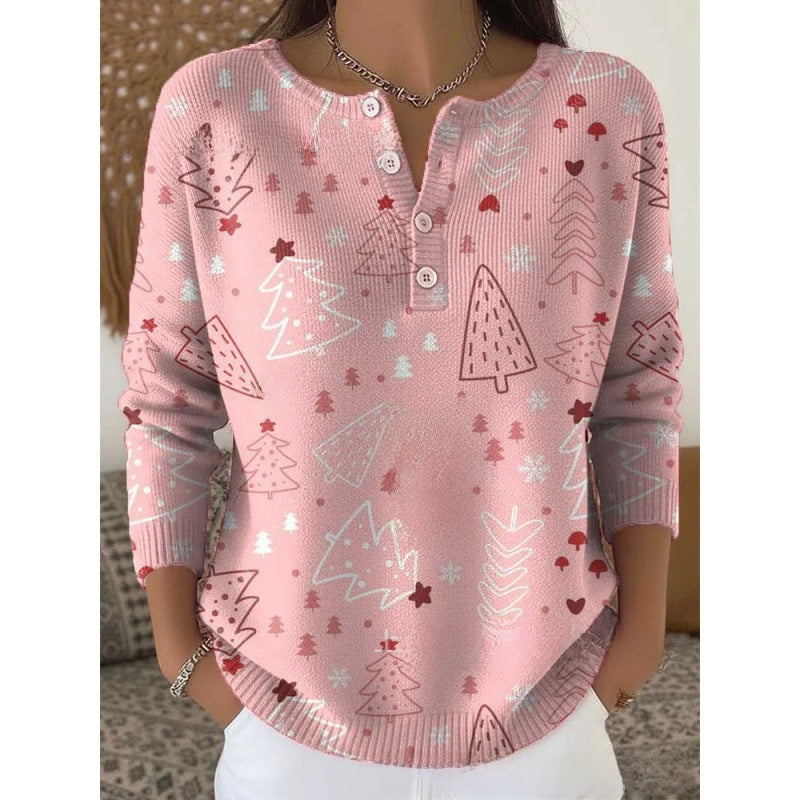 Women Retro Christmas 3D Print Four-Button Stand-Up Collar Long Sleeve T-Shirt teemdrop