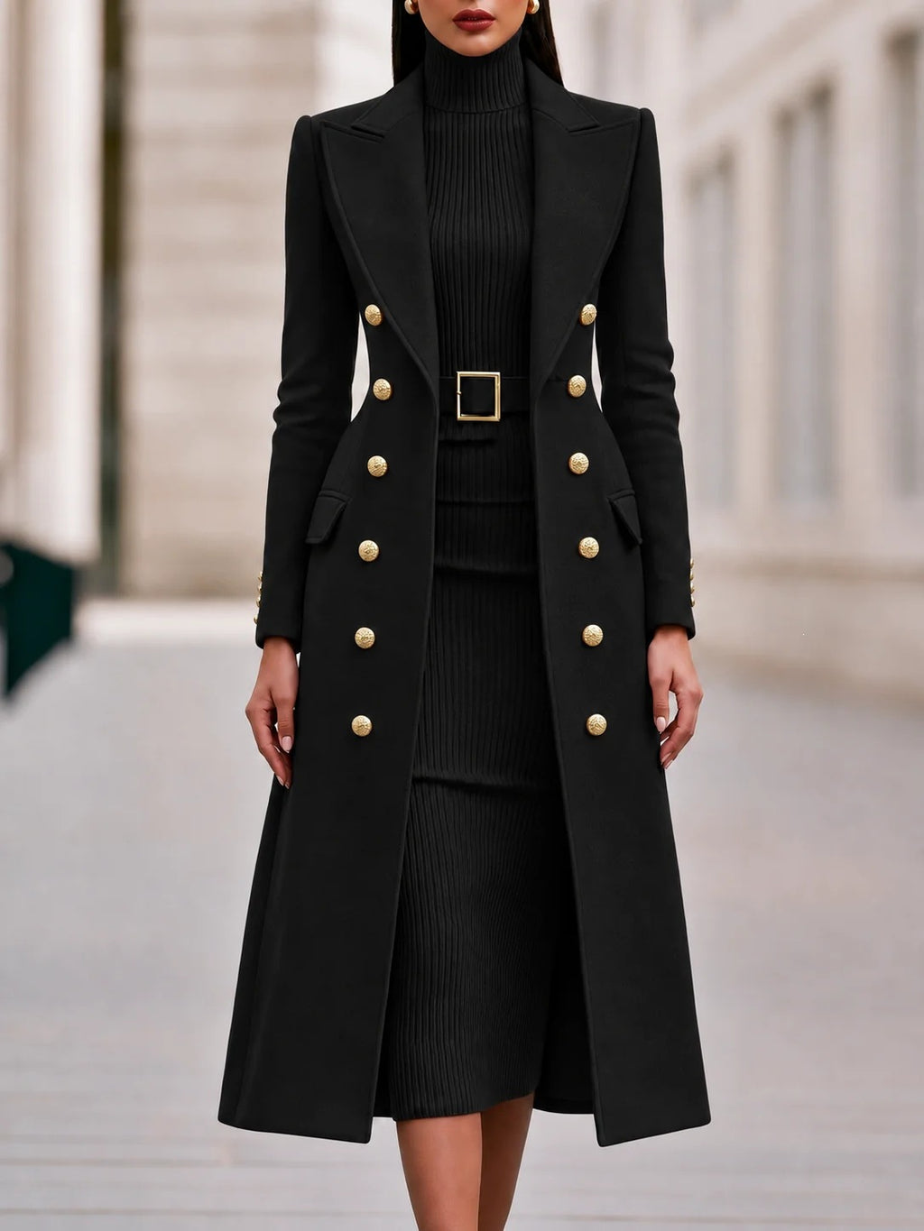 Women's Double-Breasted Woolen Coat and Knitted Dress Two-Piece Set teemdrop