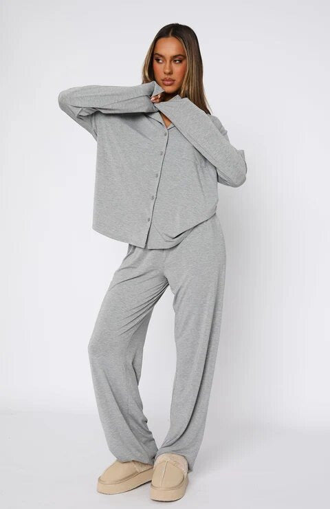 Women Modal Lapel Collar Long Sleeve Sleepwear Set teemdrop