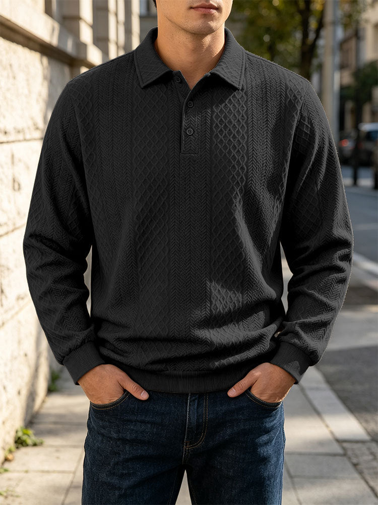 Men's Jacquard Knit Polo Sweatshirt Long Sleeve Turn-Down Collar Loose Fit Top teemdrop