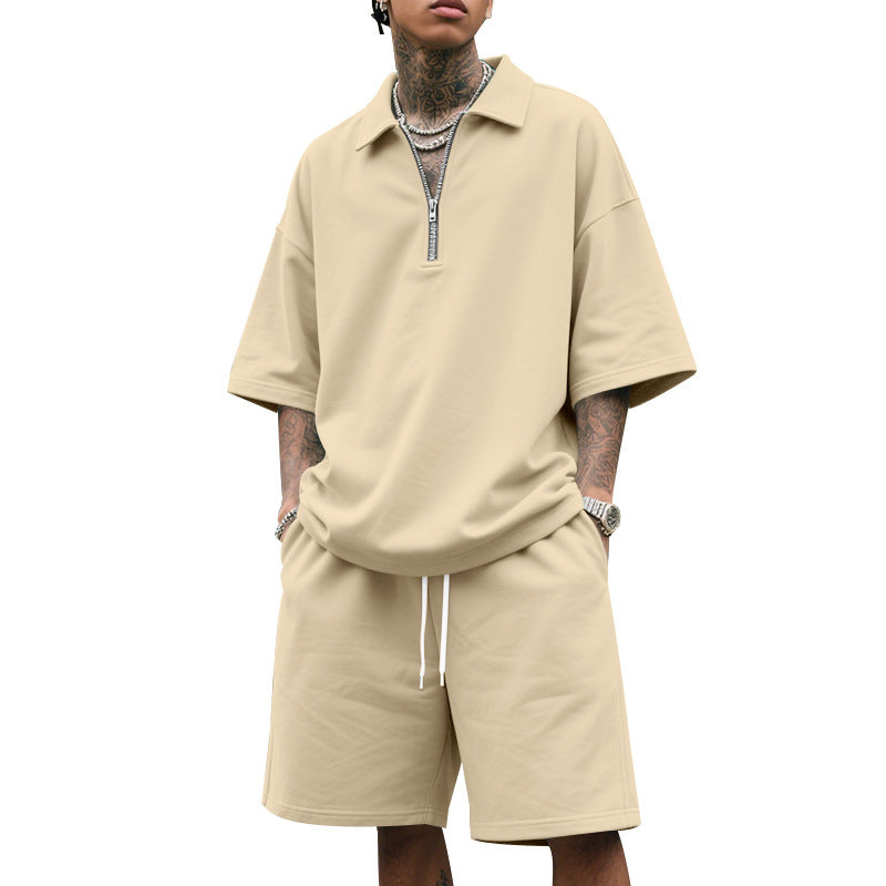 Men's two-piece short-sleeved zipper Polo shirt with shorts