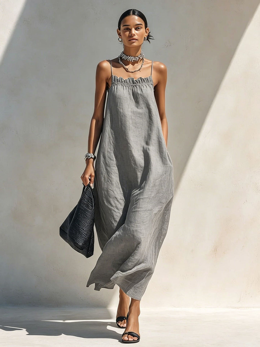 Women's One-Shoulder Sleeveless Smocked Long Dress teemdrop