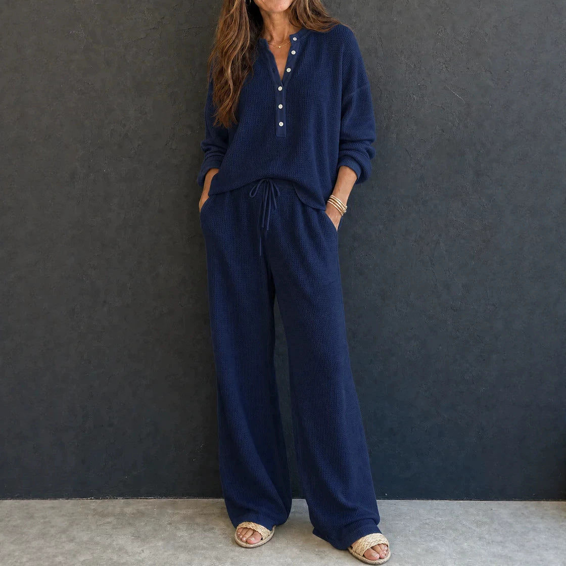 Women's Solid Color Knit Rib Top Straight Pants Set teemdrop