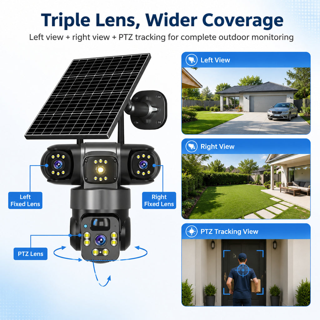 Wireless 360 Degree Outdoor Security Camera with Solar Panel 4G WiFi Multi-Lens PTZ Surveillance System teemdrop