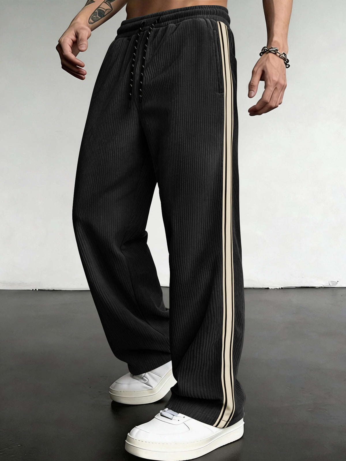 Men's Striped Corduroy Drawstring Straight-Leg Casual Pants teemdrop