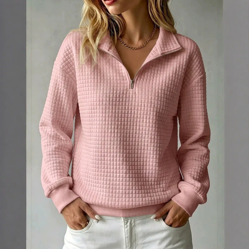 Women's Solid Color Waffle Knit Stand Collar Zipper Long Sleeve Loose Sweatshirt teemdrop