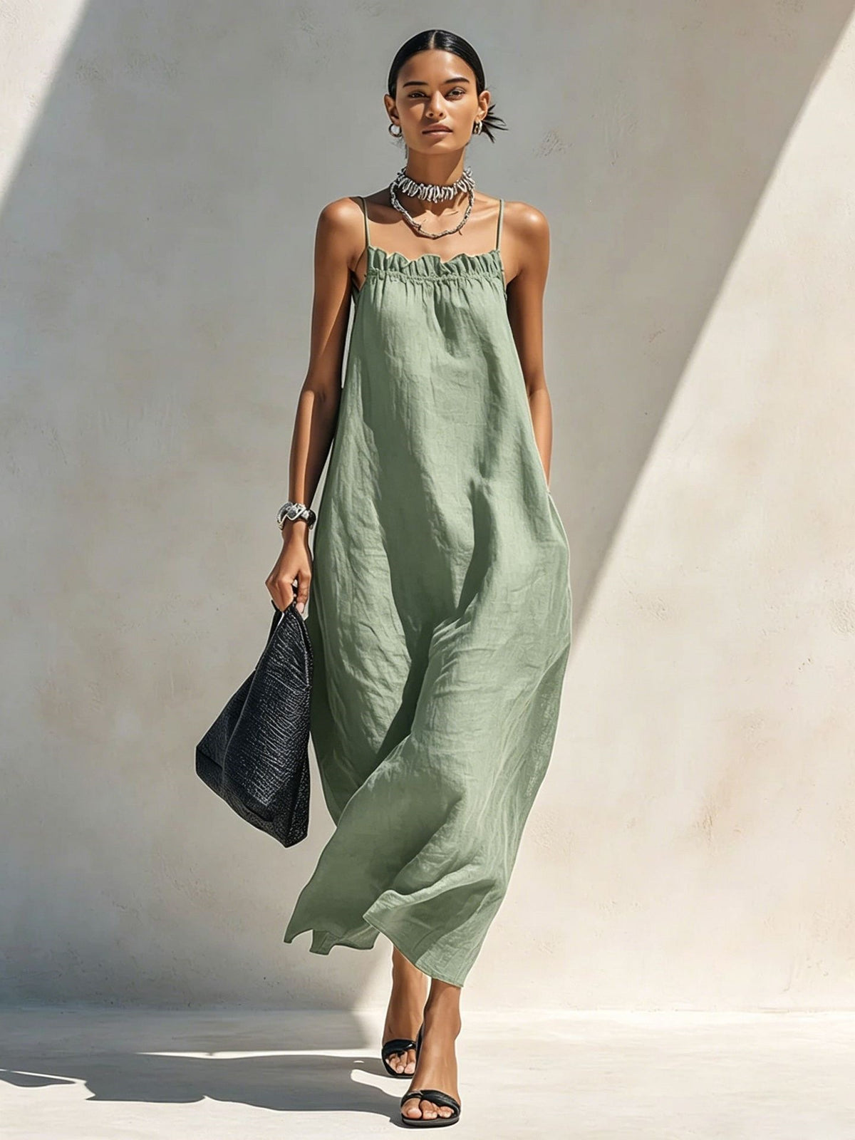 Women's One-Shoulder Sleeveless Smocked Long Dress teemdrop