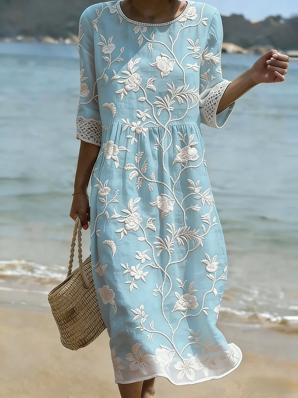 Women's floral print long-sleeved round-neck dress teemdrop