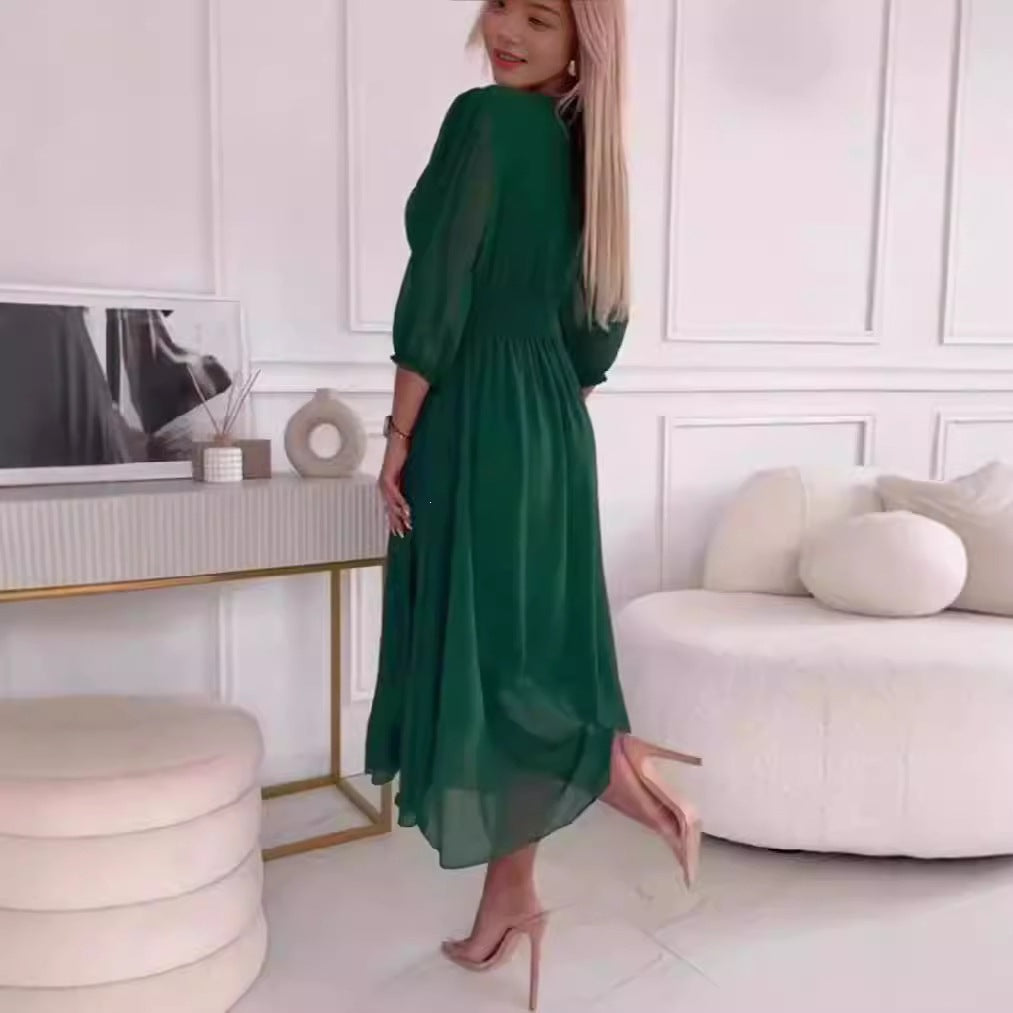 Women's Slim-Fit Flared Sleeve V-Neck Chiffon Mid-Length Dress