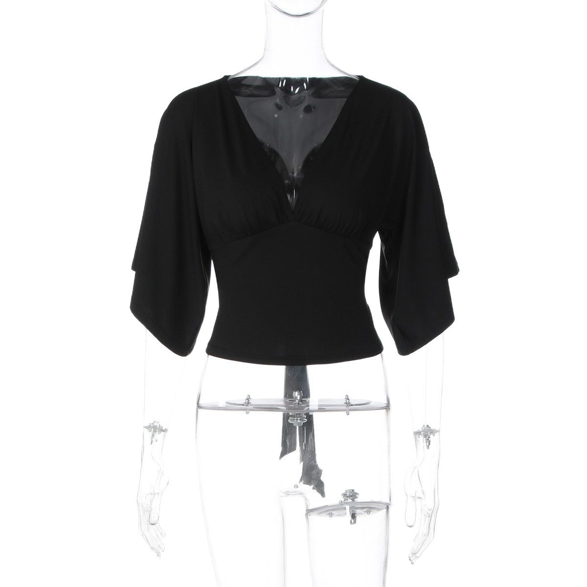 Women's Deep V-Neck Tie-Front Slim-Fit Short Sleeve Crop Top teemdrop