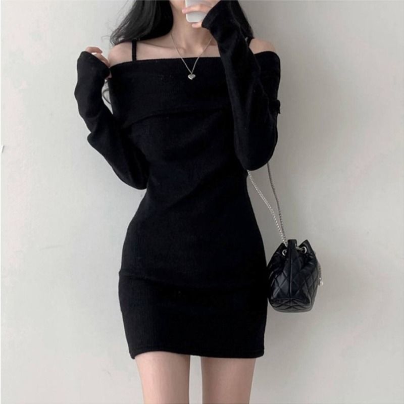 Women's Off-Shoulder Ribbed Knit Hip-Hugging Short Dress teemdrop
