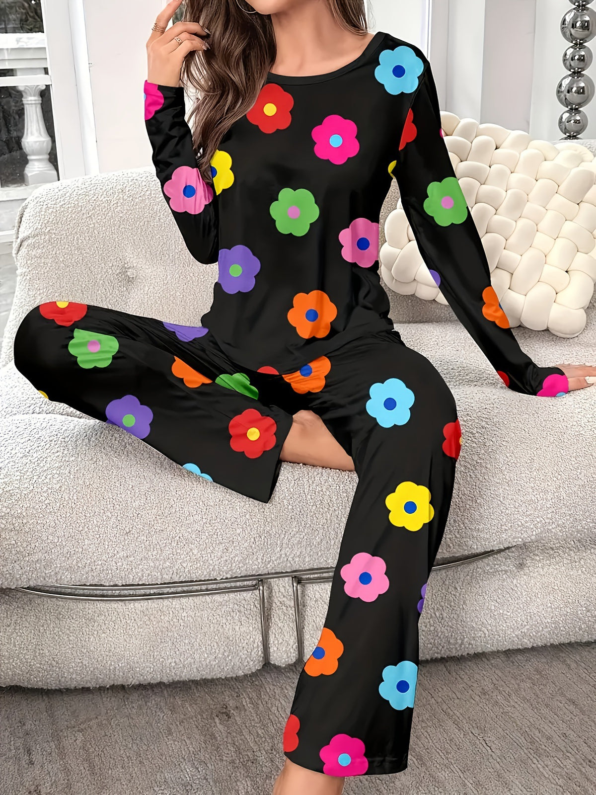 Womens Cartoon Print Pajama Set Long Sleeve Lounge Wear