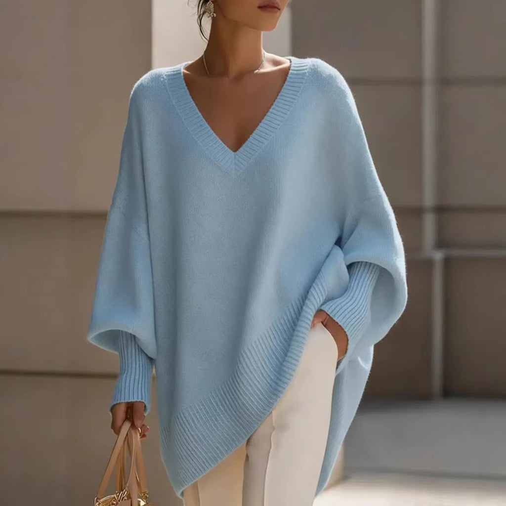 Solid-color long-sleeved V-neck relaxed style sweater for women, loose knitted top teemdrop