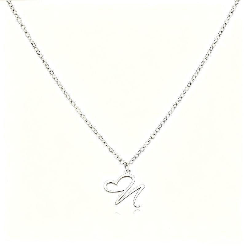 Stainless Steel Heart Initial Letter Pendant Necklace for Women