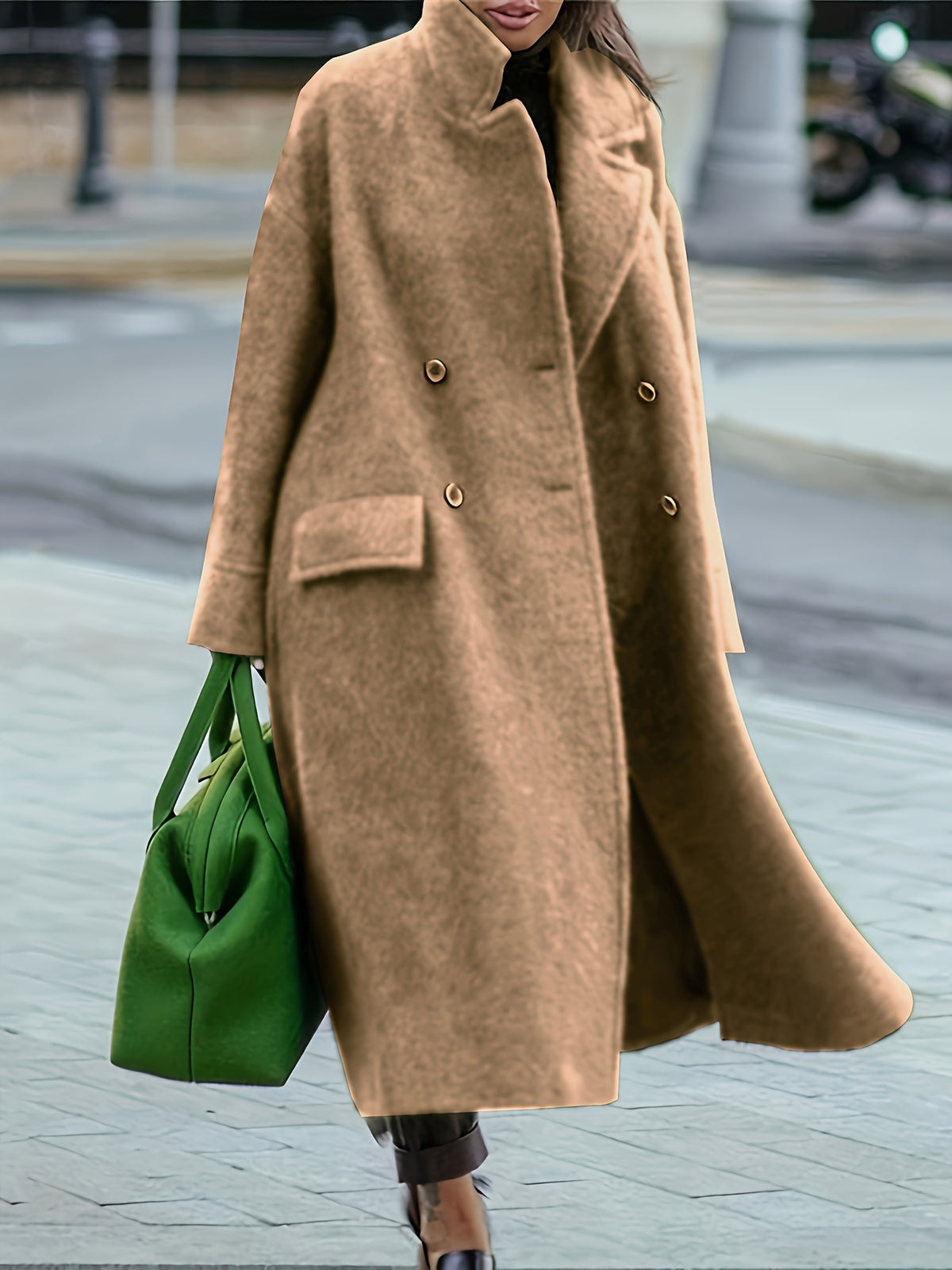 European and American Long Woolen Coat for Autumn and Winter Solid Color Elegant Commuter Wool Green Coat with Belt-Free Lapel