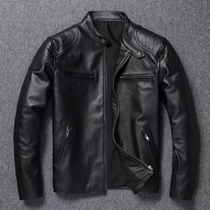 Mens Vintage PU Leather Jacket with Stand Collar