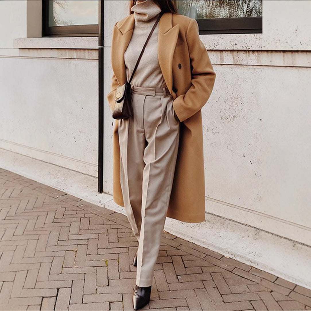 Women?s long-sleeved, solid-color, double-breasted, slim-fit coat with a lapel collar teemdrop