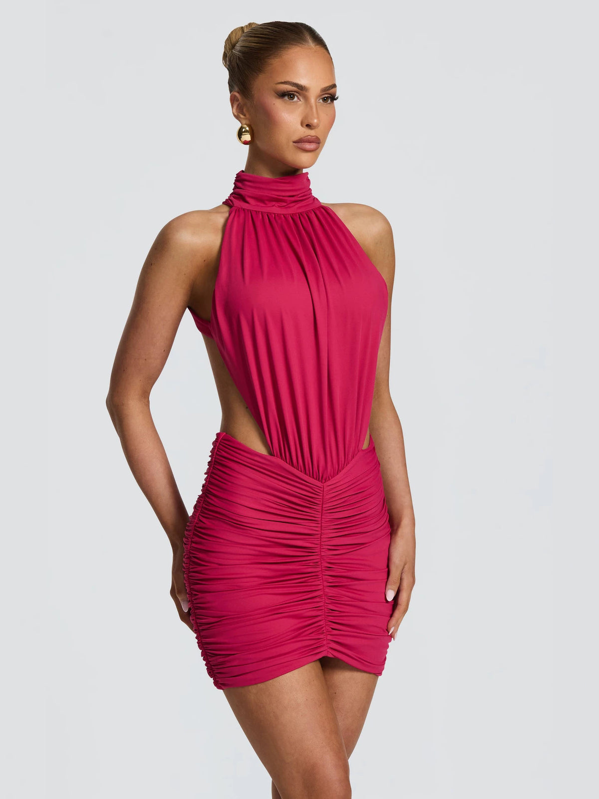 Women's Halter Neck Cut-Out Ruched Bodycon Mini Dress Sleeveless teemdrop