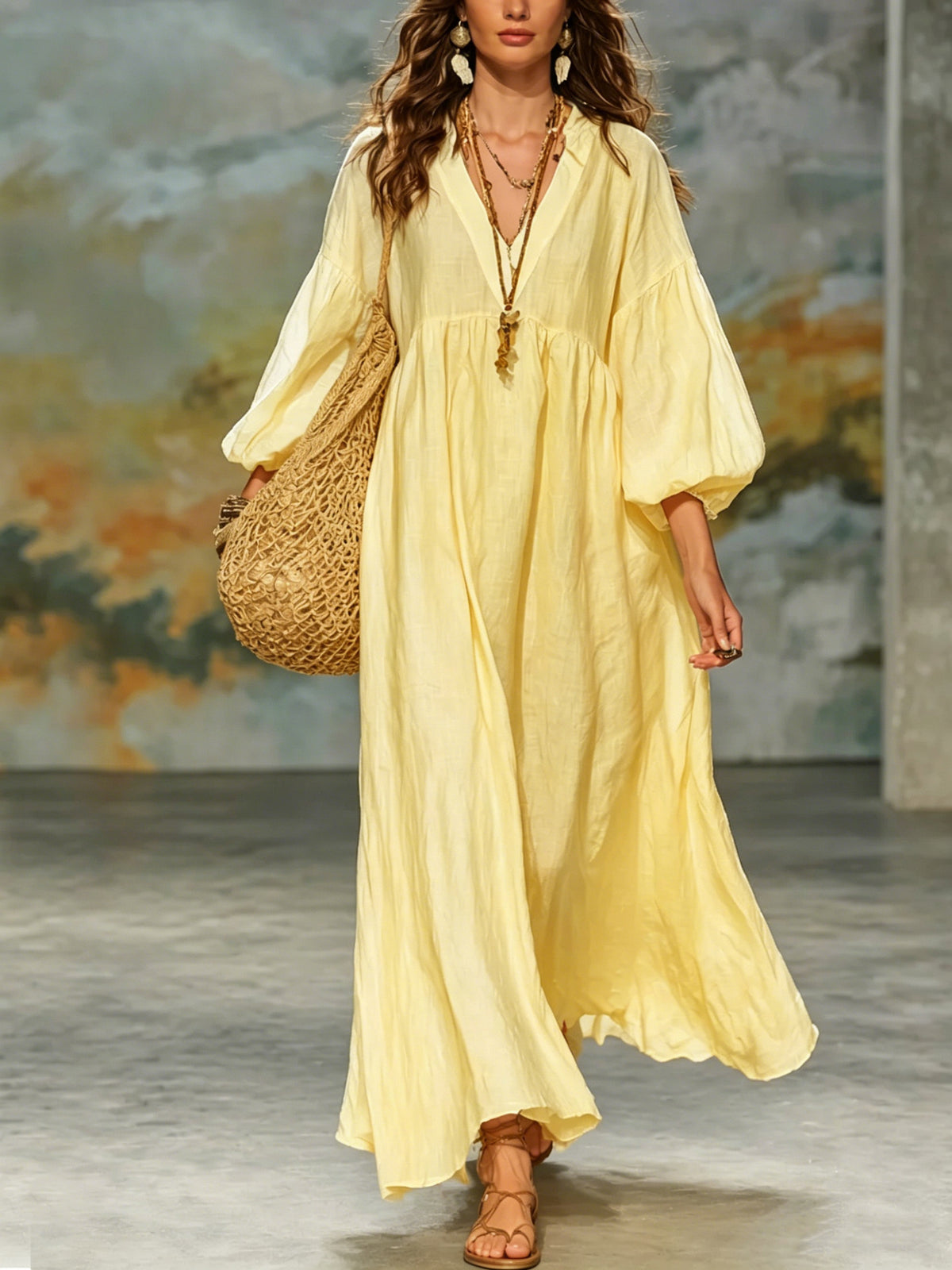 dress women's cotton and linen deep V lantern sleeves teemdrop