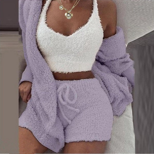 Women's Plush Three-Piece Long Sleeve Vest Shorts Track Set teemdrop