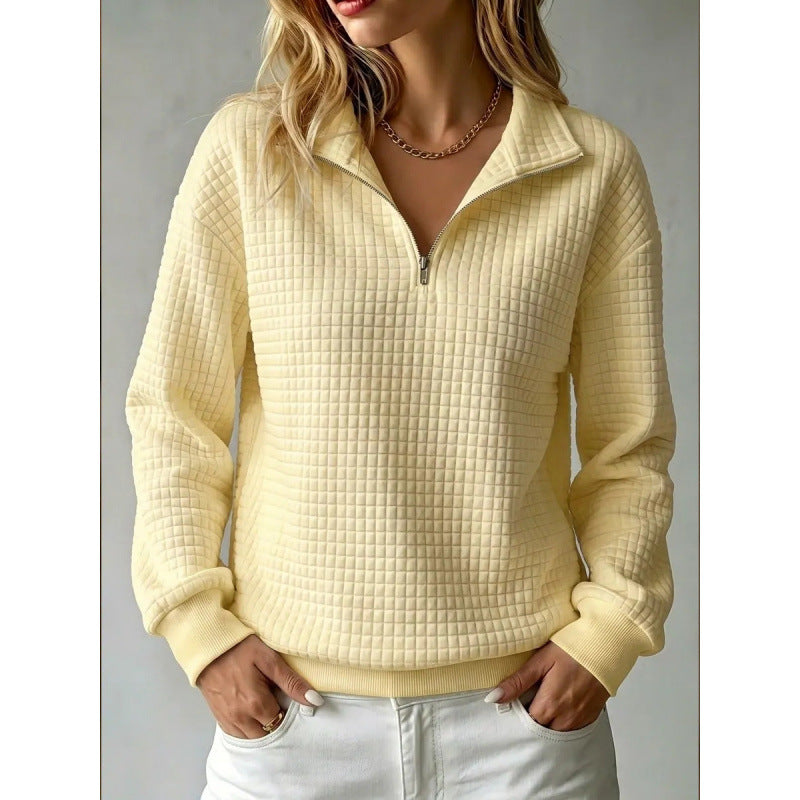Women's Solid Color Waffle Knit Stand Collar Zipper Long Sleeve Loose Sweatshirt teemdrop