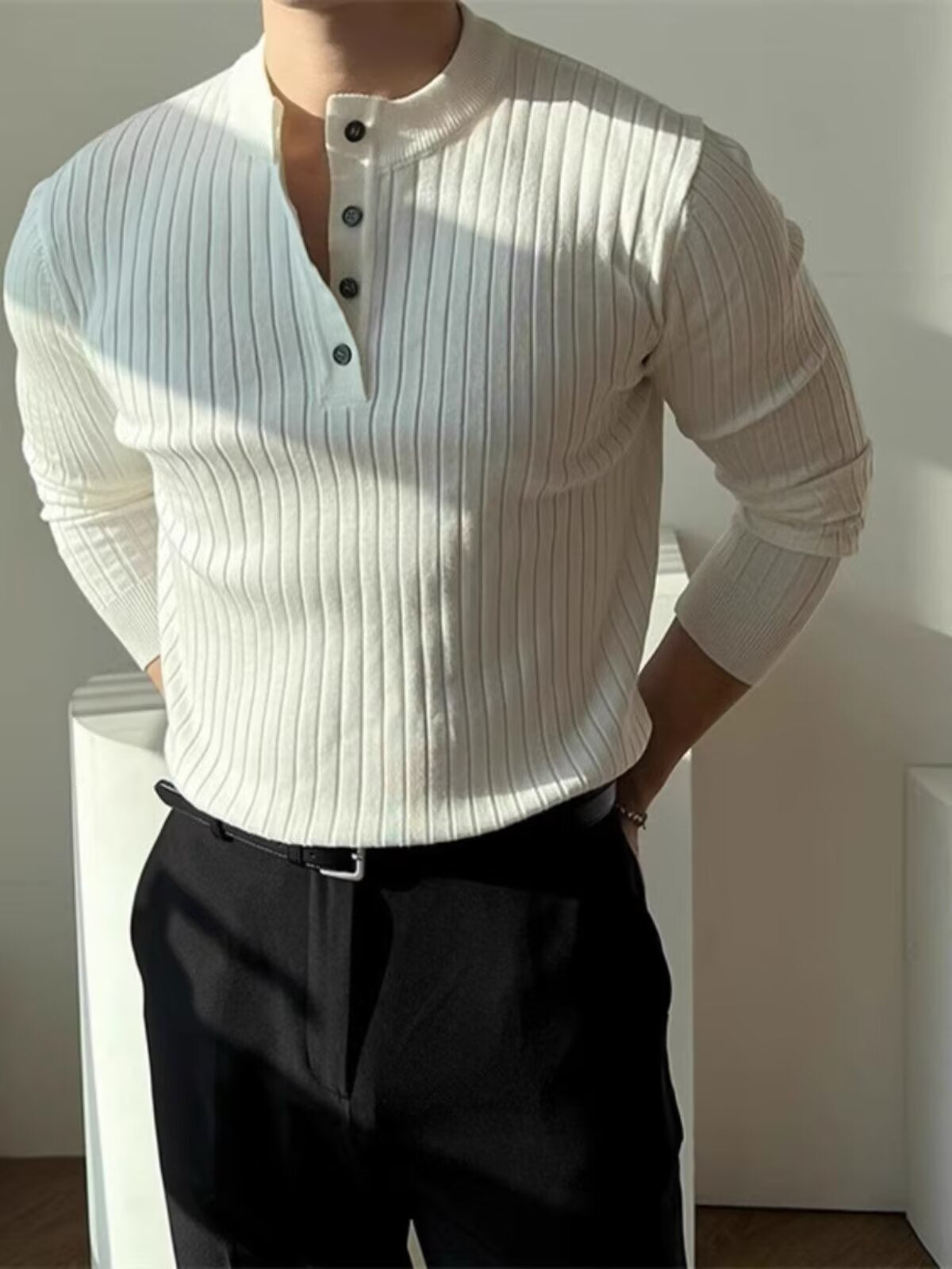 Men's Cotton Blend Henley Sweater Long Sleeve Slim Fit Pullover teemdrop