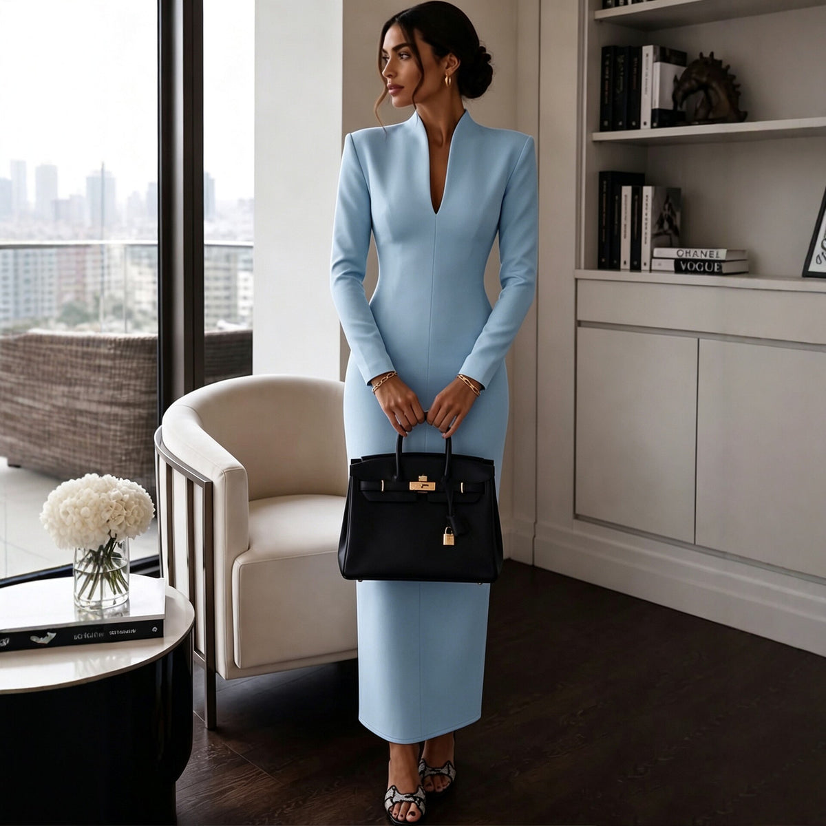 Women's Elegant Stand Collar V-Neck Long Sleeve Bodycon Dress teemdrop