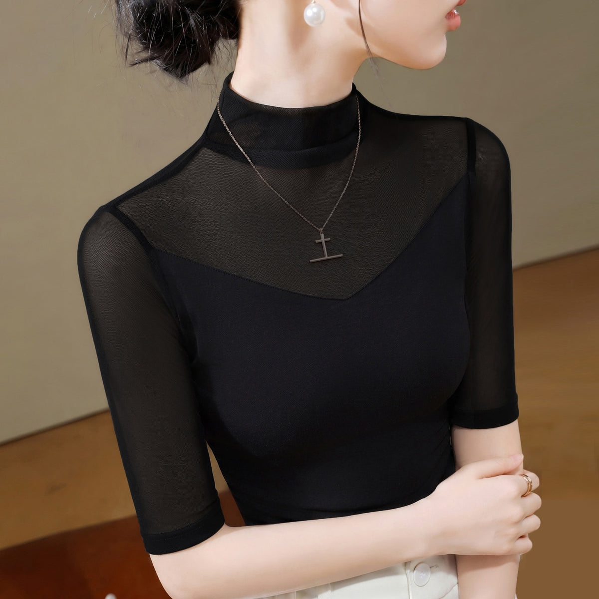 Women's Nylon Mesh Mid-Sleeve Half-High Collar Slim Fit T-Shirt teemdrop