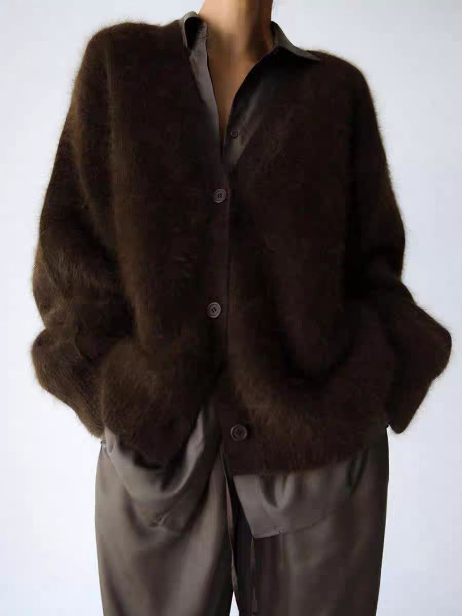 Women's Faux Fur Knitted Cardigan V-Neck Loose Long Sleeve Outerwear teemdrop