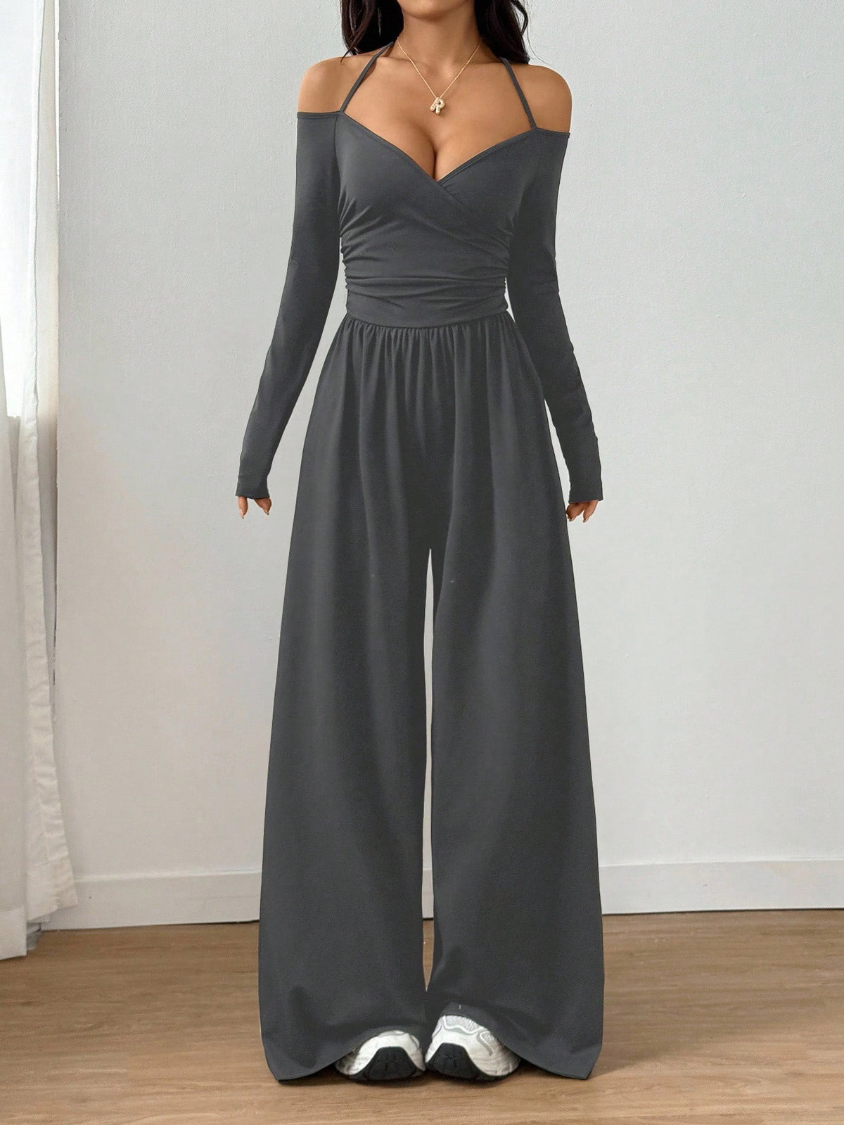 Women's Halter V-Neck Long Sleeve Wide Leg Jumpsuit