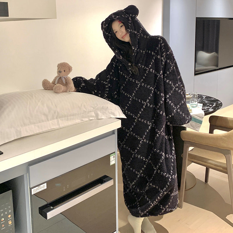 Women's Thickened Coral Fleece Hooded Nightgown Oversized Winter Warm Robe teemdrop