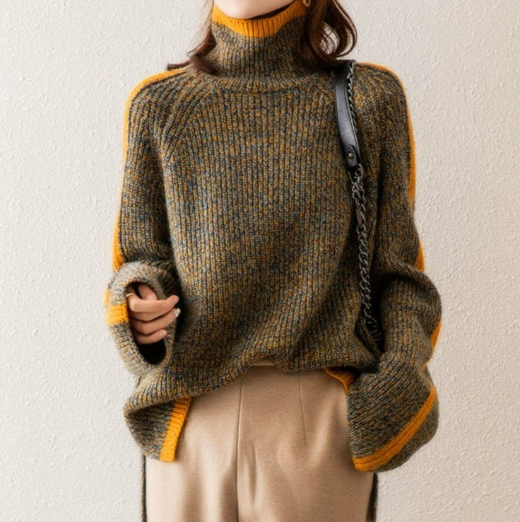 Women's Thick Turtleneck Color-Block Knit Sweater teemdrop