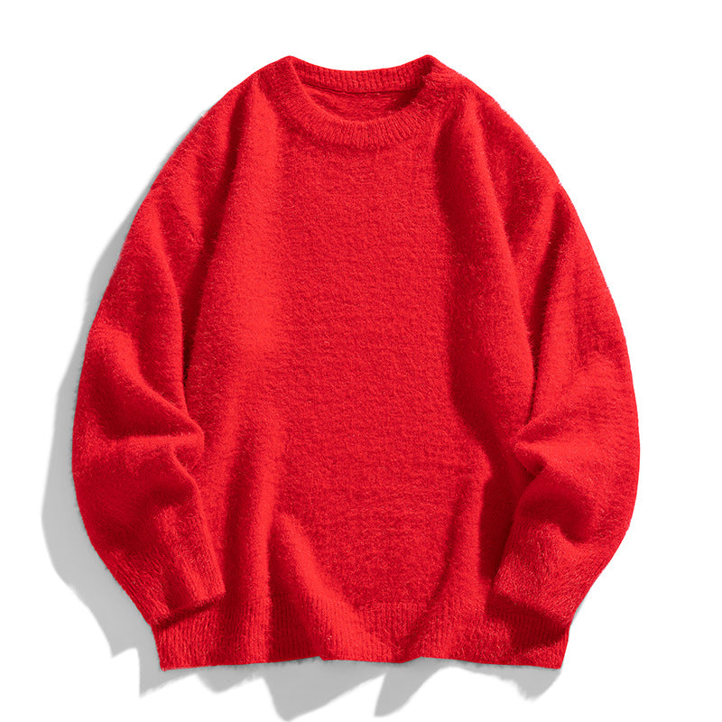 Men's Round Neck Pullover Solid Color Thickened Mink Mohair Knit Sweater teemdrop