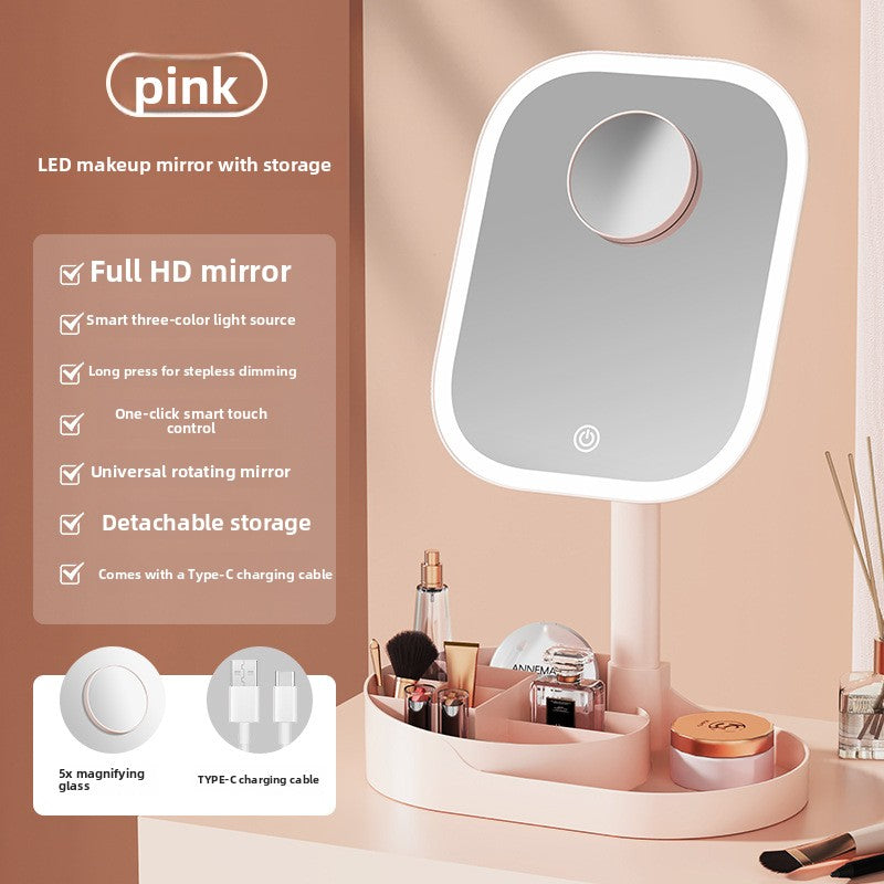 Three-Color Lighting Foldable Makeup Mirror with 5X Magnification Detachable Lens teemdrop