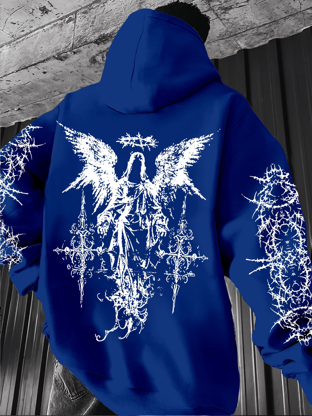 Gothic-style angel-print hoodie teemdrop