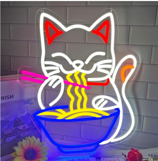 USB Dimmable LED Neon Sign, Cat Eating Noodles Light, Acrylic Animal Shaped Nightlight for Home Decor teemdrop